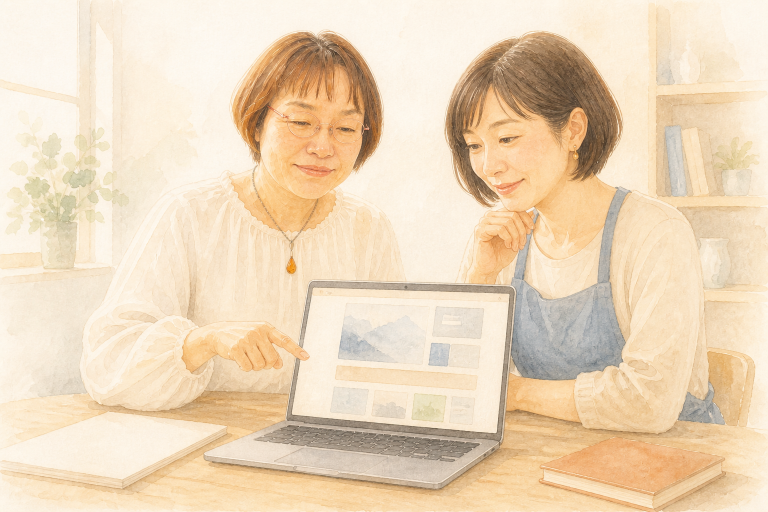 完成した自己紹介ページを一緒に見ながら、言葉を見つける細谷さんと相談者