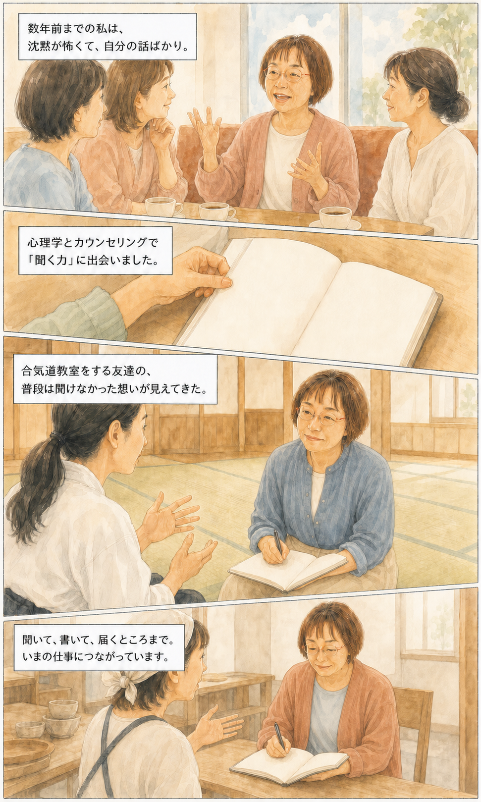 自分の話ばかりだった細谷さんが、心理学と友達への傾聴を経てインタビューライターになるまでを描いた4コマ漫画